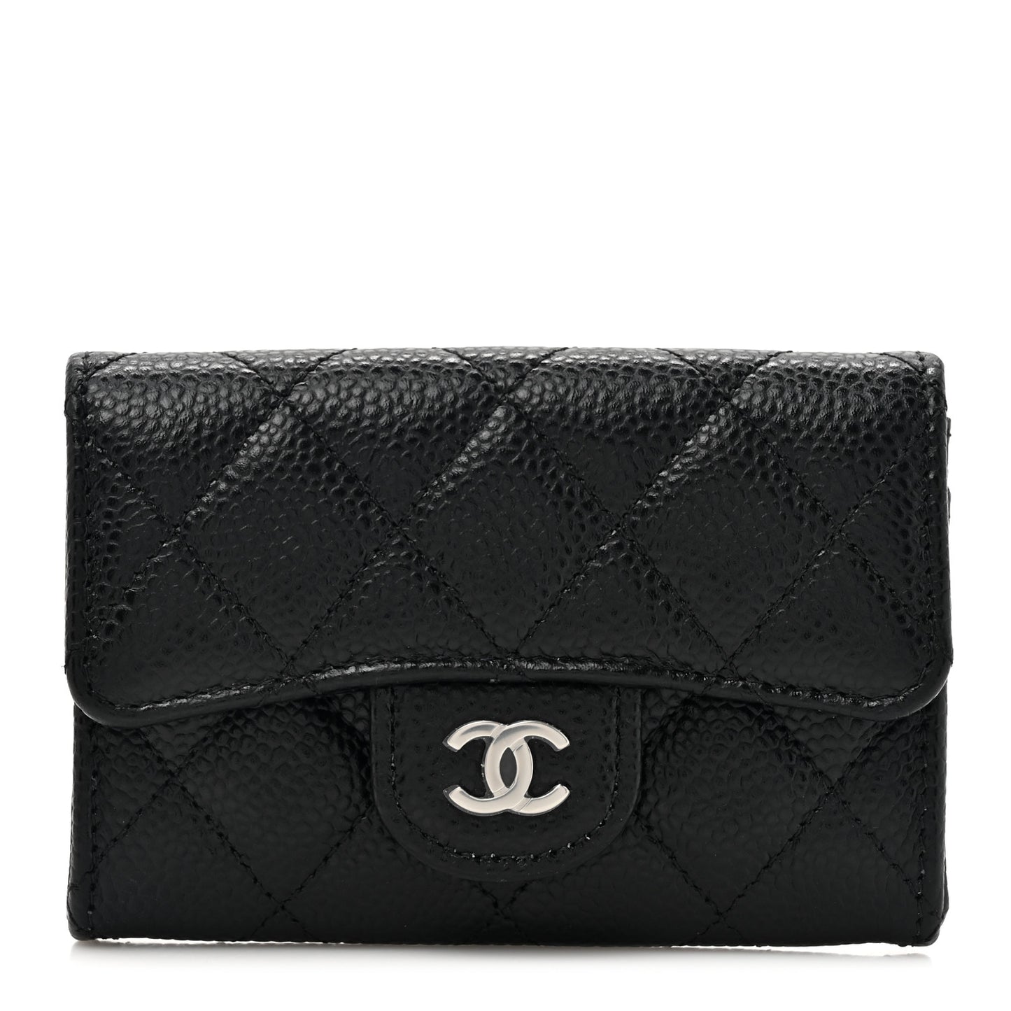 Caviar Quilted Flap Card Holder Wallet Black