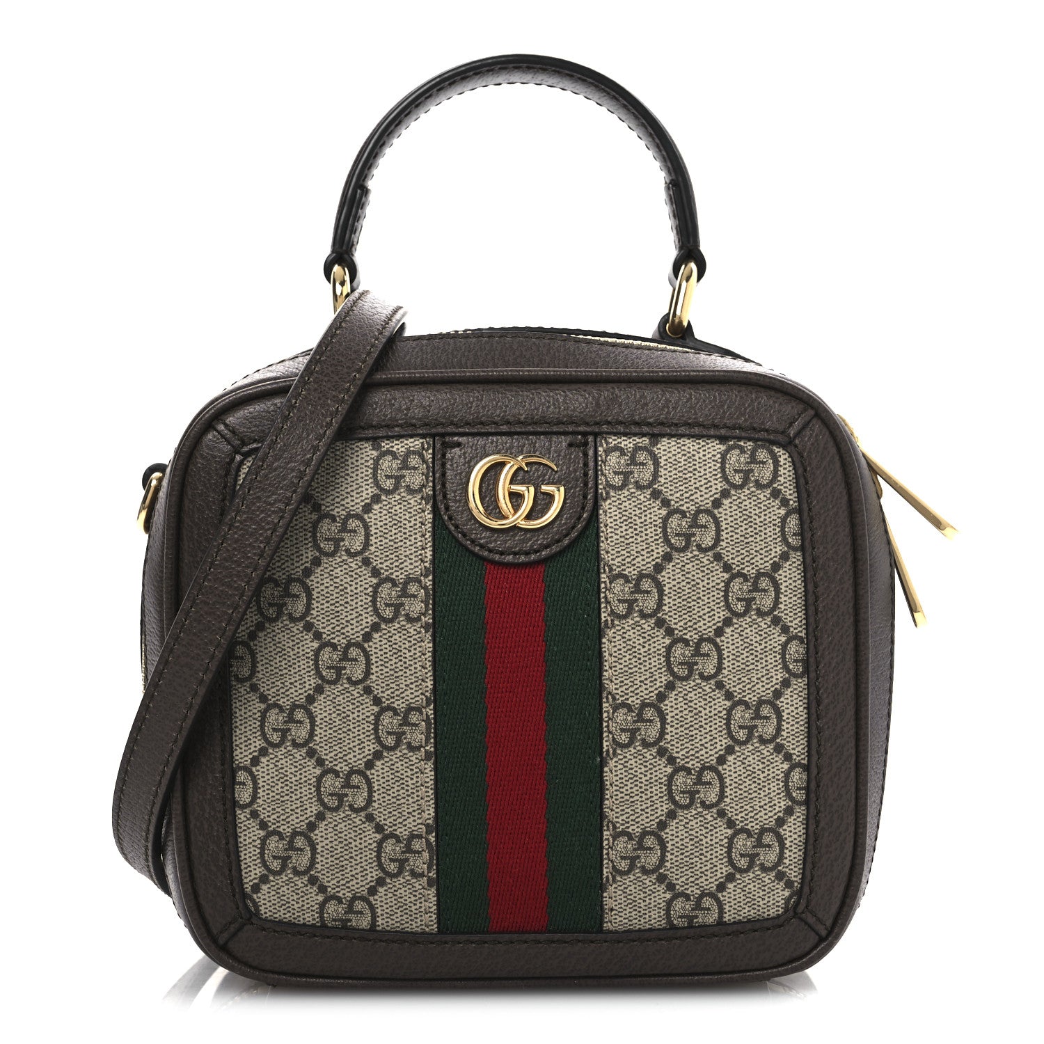 Gucci GG Supreme Monogram Textured Dollar Calfskin Mini Ophidia Top Handle Square Shoulder Bag Beige Ebony New Acero 1 of 12