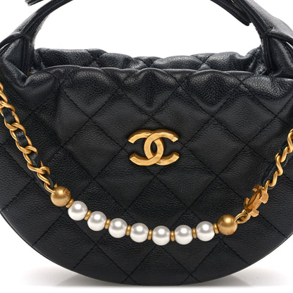 Chanel Grained Calfskin Quilted Pearl Pouch Hobo Black 7 of 9