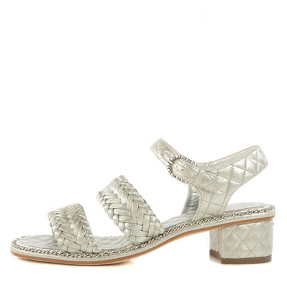 Chanel Metallic Goatskin Quilted Chain Sandals 37 Silver 1 of 8