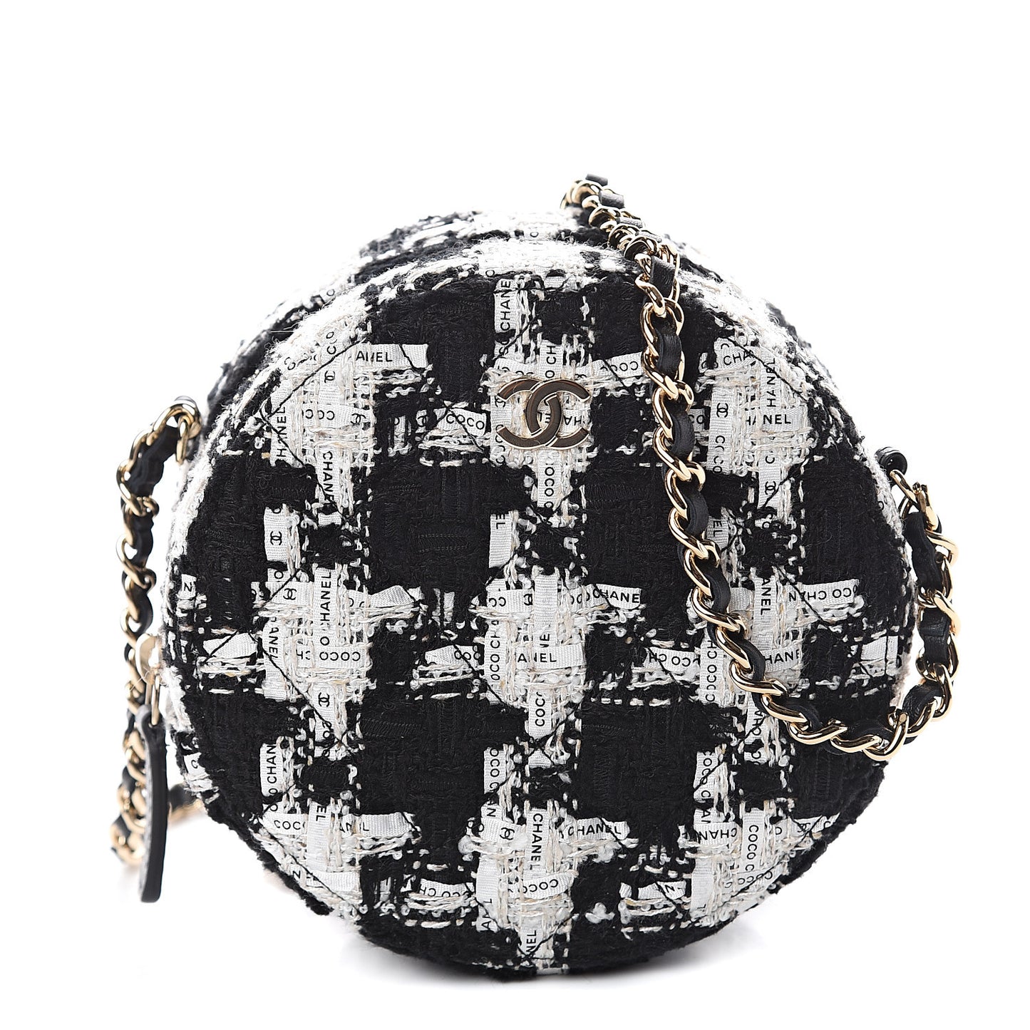 Tweed Quilted Round Clutch With Chain Black Ecru White