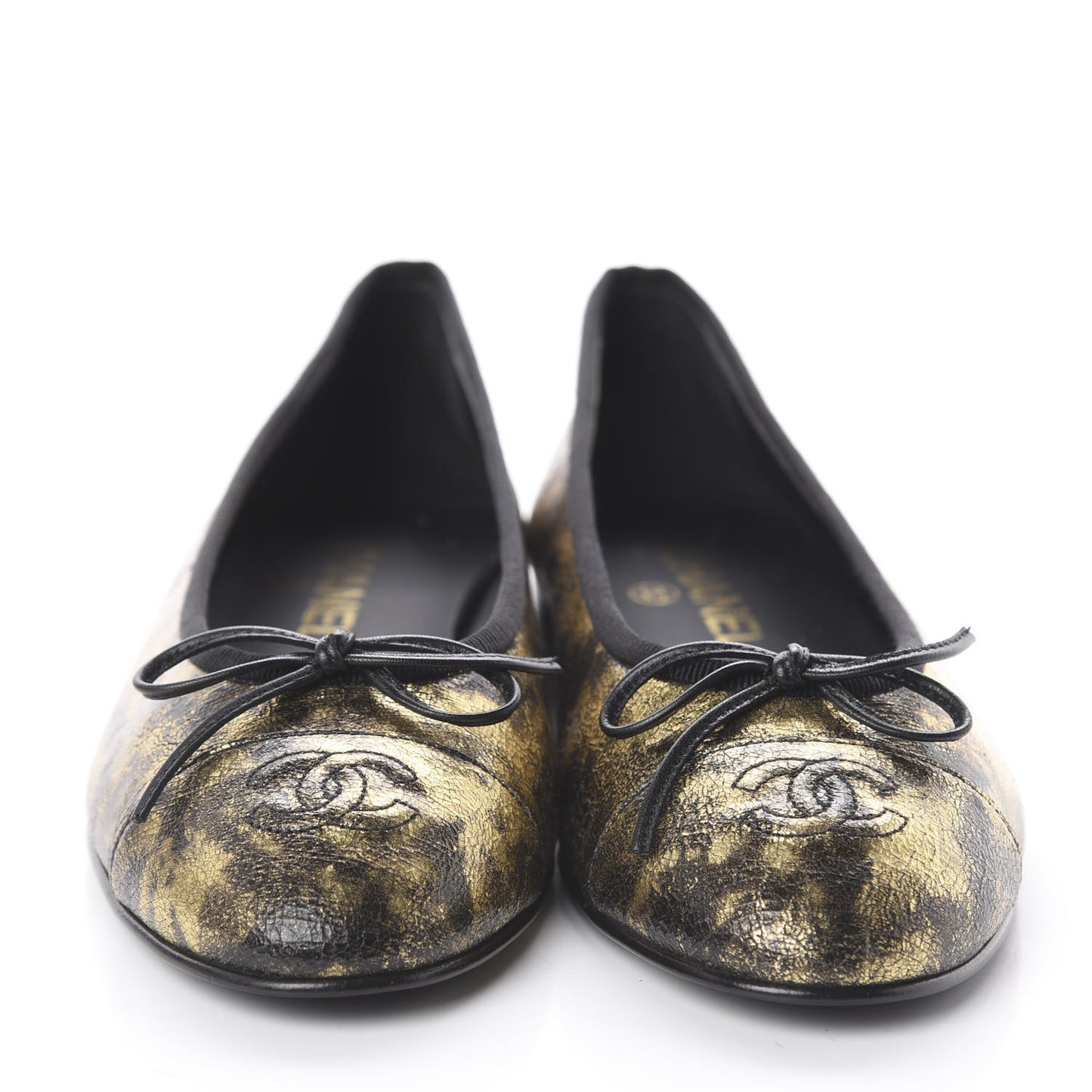 Laminated Suede Goatskin Cap Toe CC Ballerina Flats 38 Gold Black