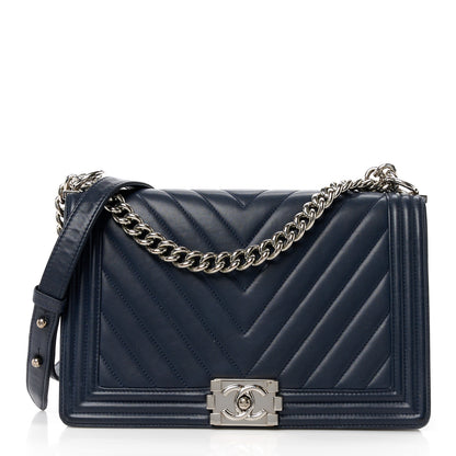 Chanel Lambskin Chevron Quilted New Medium Boy Flap Dark Navy Blue 1 of 10