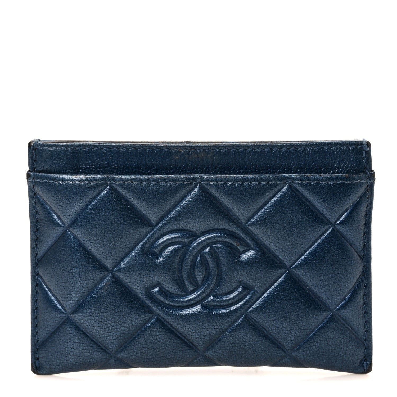 Chanel Metallic Lambskin Quilted Diamond CC Card Holder Blue 1 of 7