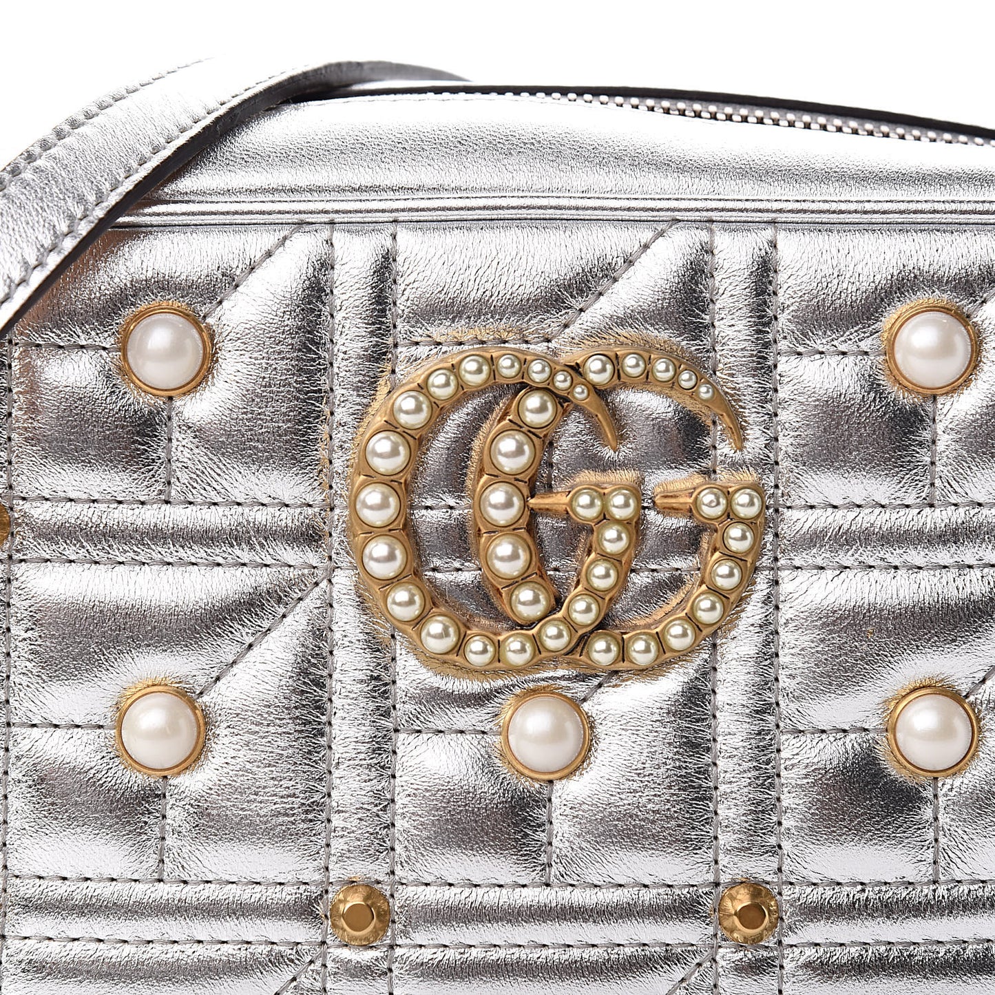 Metallic Calfskin Matelasse Studded Small Pearly GG Marmont Chain Shoulder Bag Silver