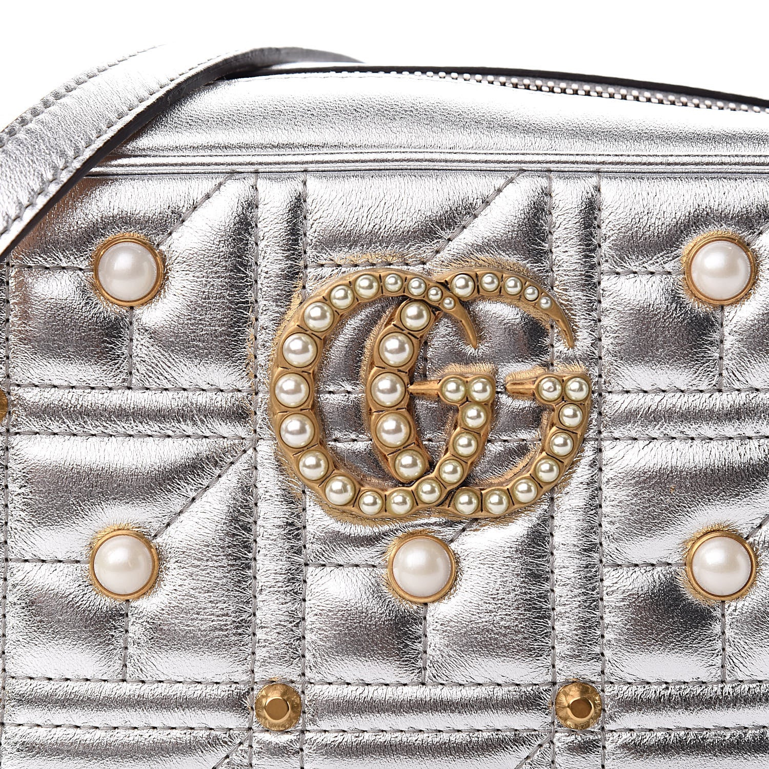 Gucci Metallic Calfskin Matelasse Studded Small Pearly GG Marmont Chain Shoulder Bag Silver 11 of 11