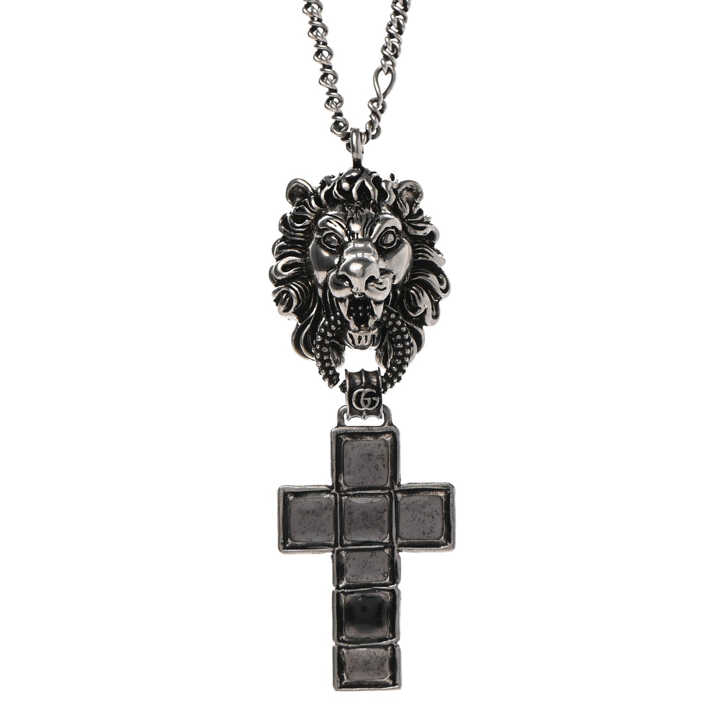 Enamel Brass Lion Head Crucifix Necklace Black