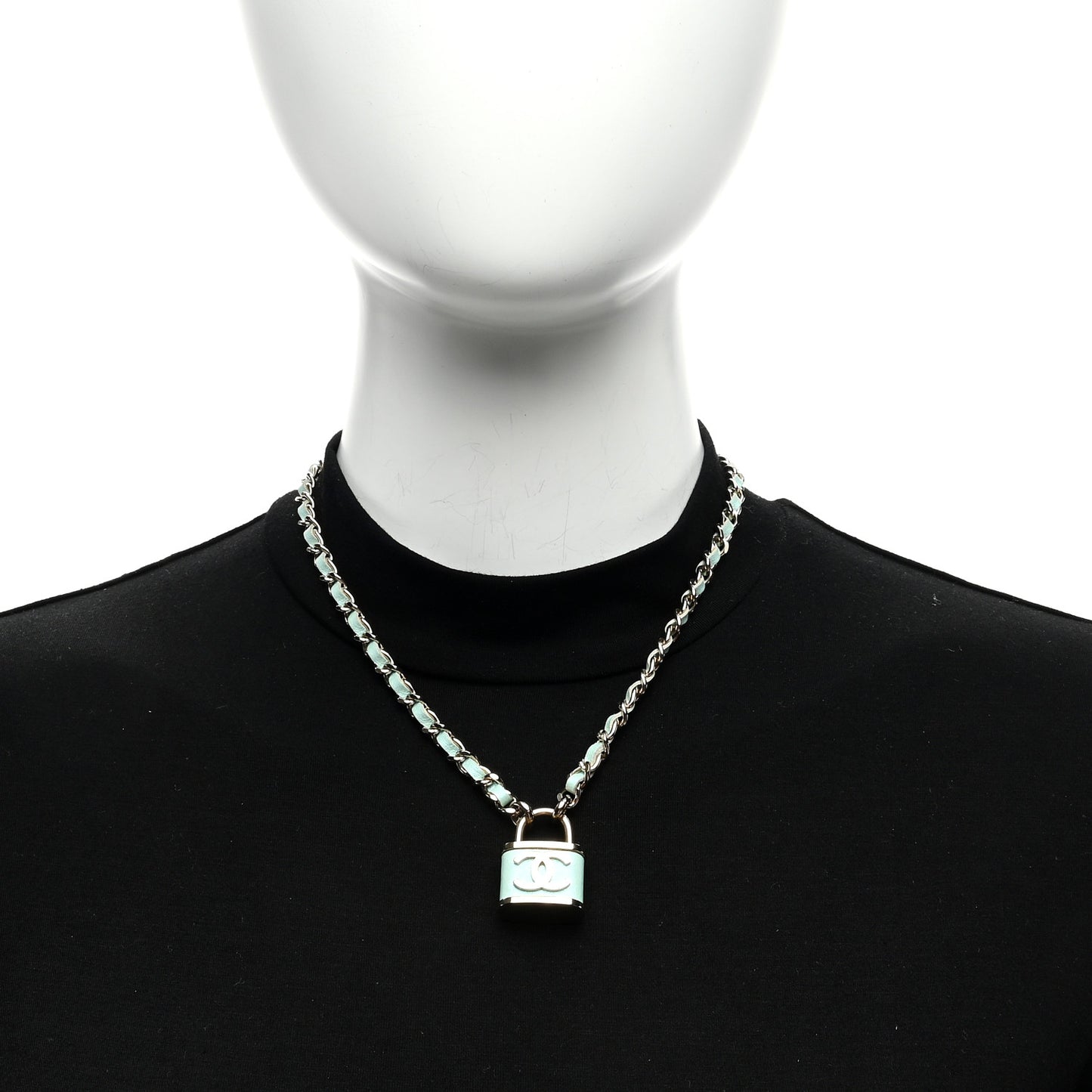 Metal Lambskin Lock Double Necklace Iridescent Blue