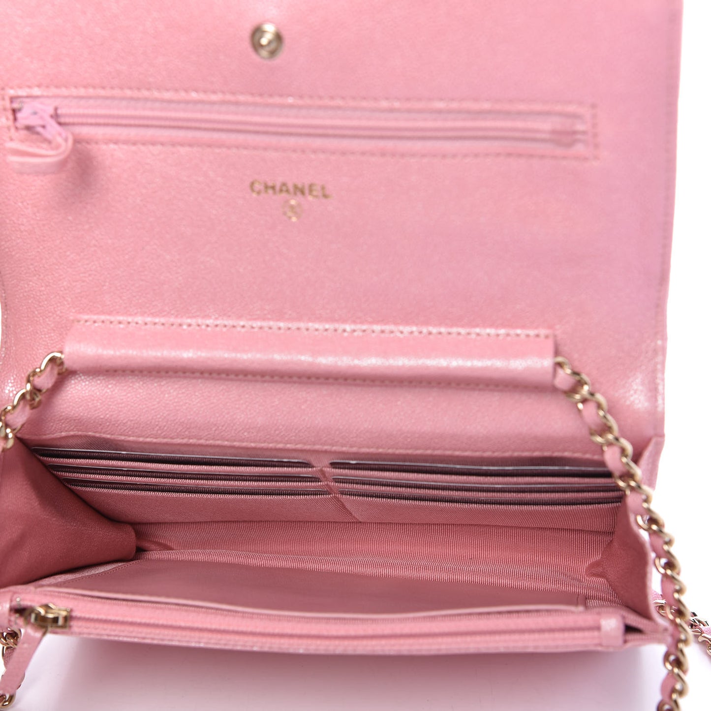 Iridescent Caviar Quilted Wallet on Chain WOC Rose Pink