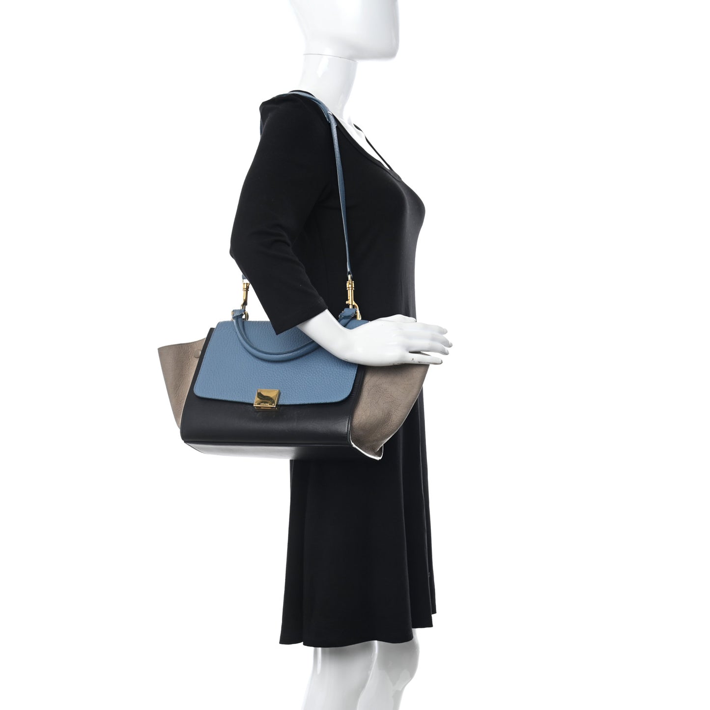 Soft Grained Calfskin Nubuck Small Tri-Color Trapeze Black Blue Tan