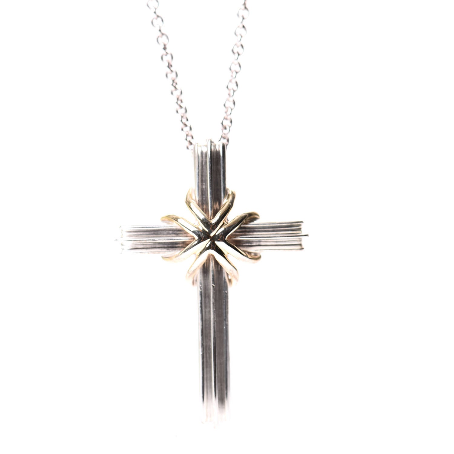 Tiffany Sterling Silver 18K Yellow Gold Cross Pendant Necklace 3 of 5