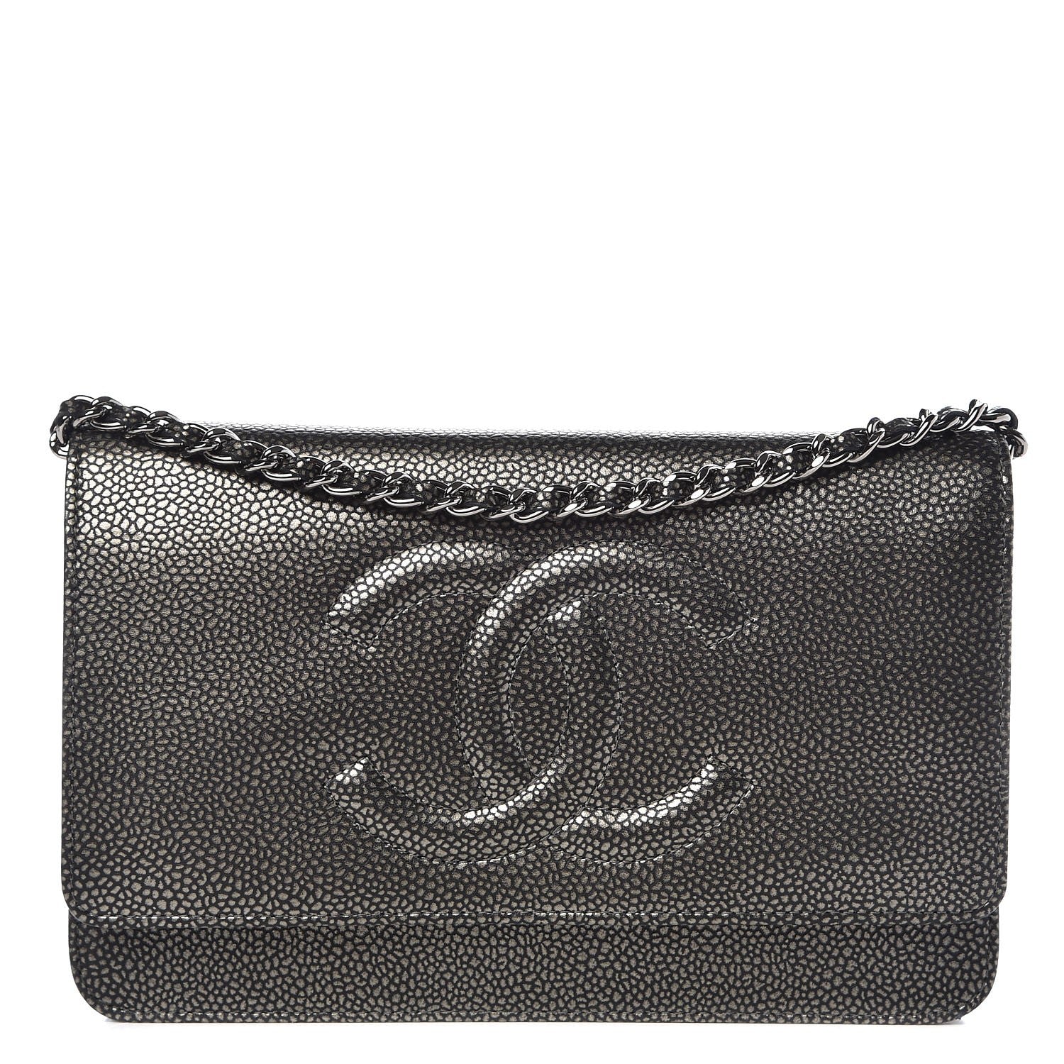 Chanel Metallic Caviar Timeless CC Wallet On Chain WOC Dark Silver 1 of 9