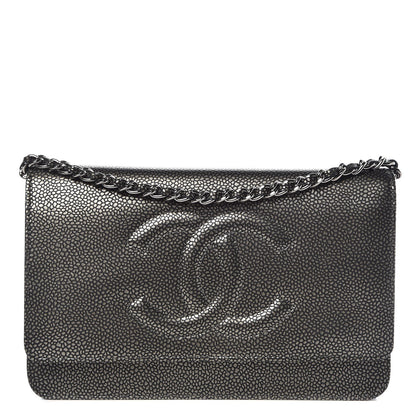 Chanel Metallic Caviar Timeless CC Wallet On Chain WOC Dark Silver 1 of 9