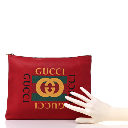Gucci Pebbled Calfskin Medium Logo Portfolio Clutch Hibiscus Red 2 of 9