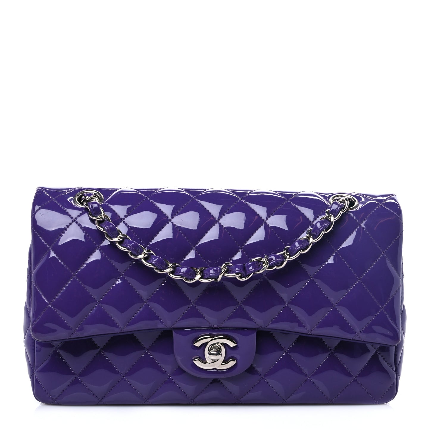 Patent Calfskin Quilted Medium Double Flap Purple
