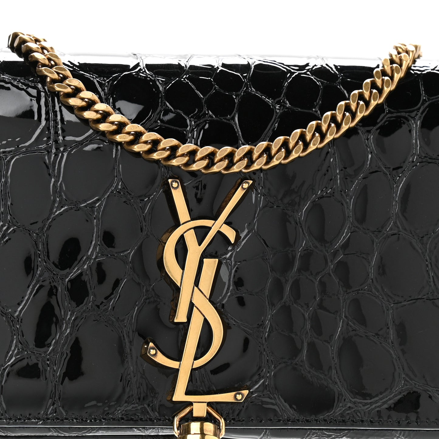 Crocodile Embossed Patent Leather Monogram Tassel Kate 99 Black