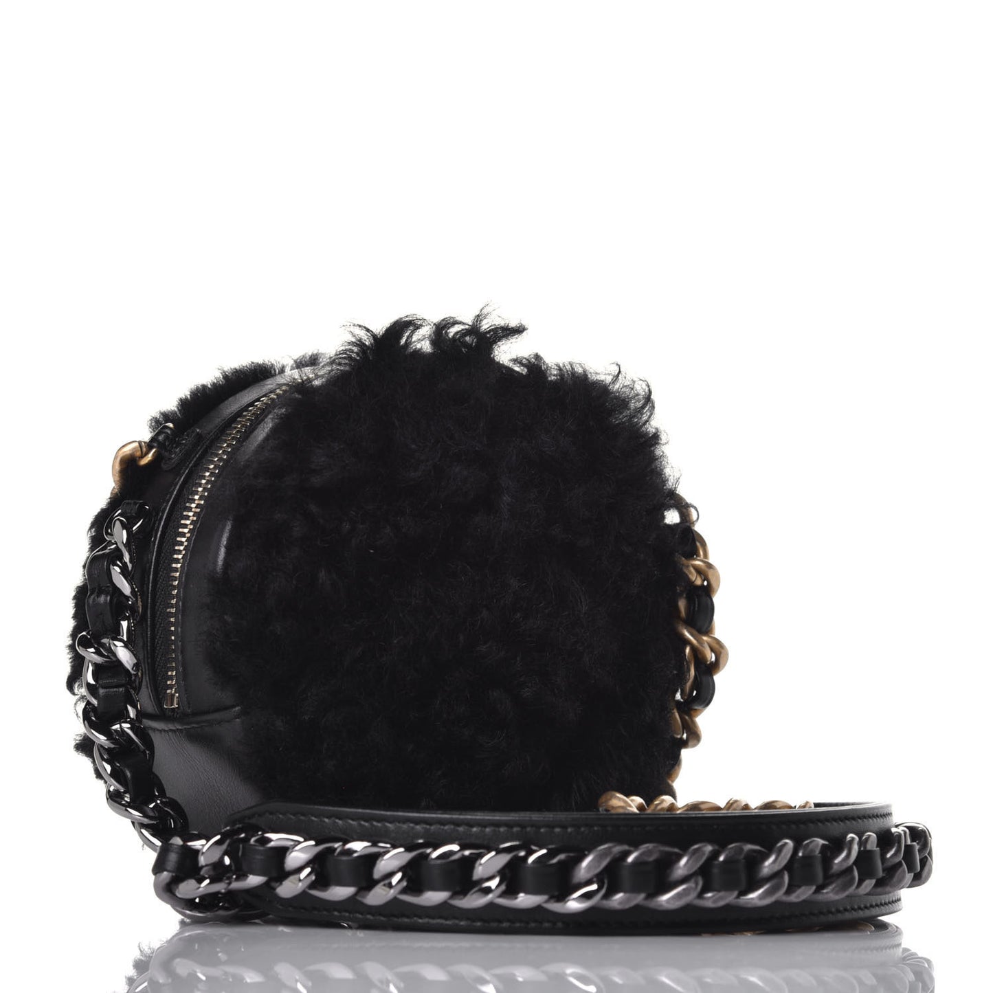 Shearling Sheepskin Chanel 19 Round Clutch With Chain Black