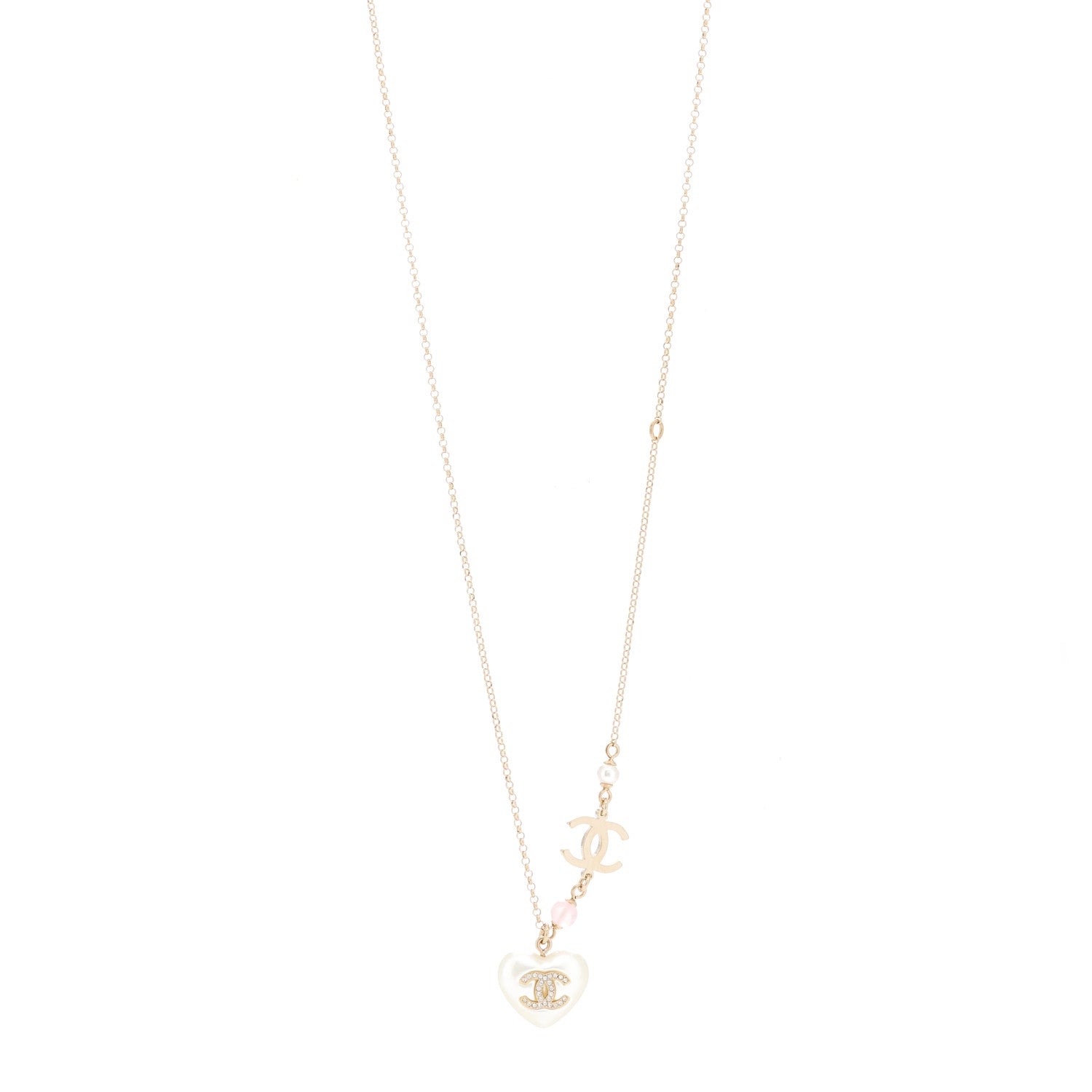 Chanel Resin Crystal CC Heart Necklace Pearly White Gold 1 of 3