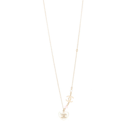 Chanel Resin Crystal CC Heart Necklace Pearly White Gold 1 of 3