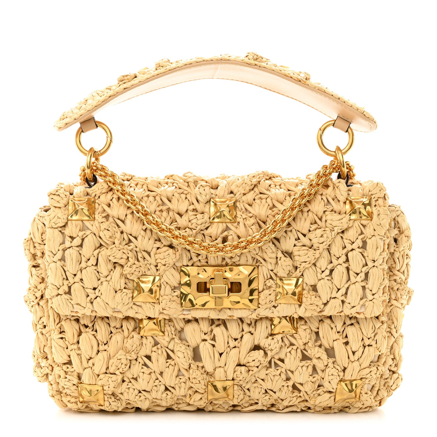 Valentino Garavani Raffia Medium Roman Stud Shoulder Bag 1 of 9