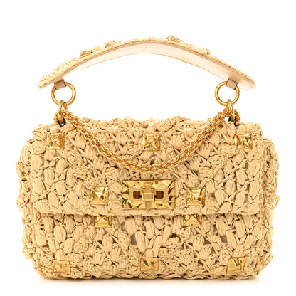 Valentino Garavani Raffia Medium Roman Stud Shoulder Bag 1 of 9