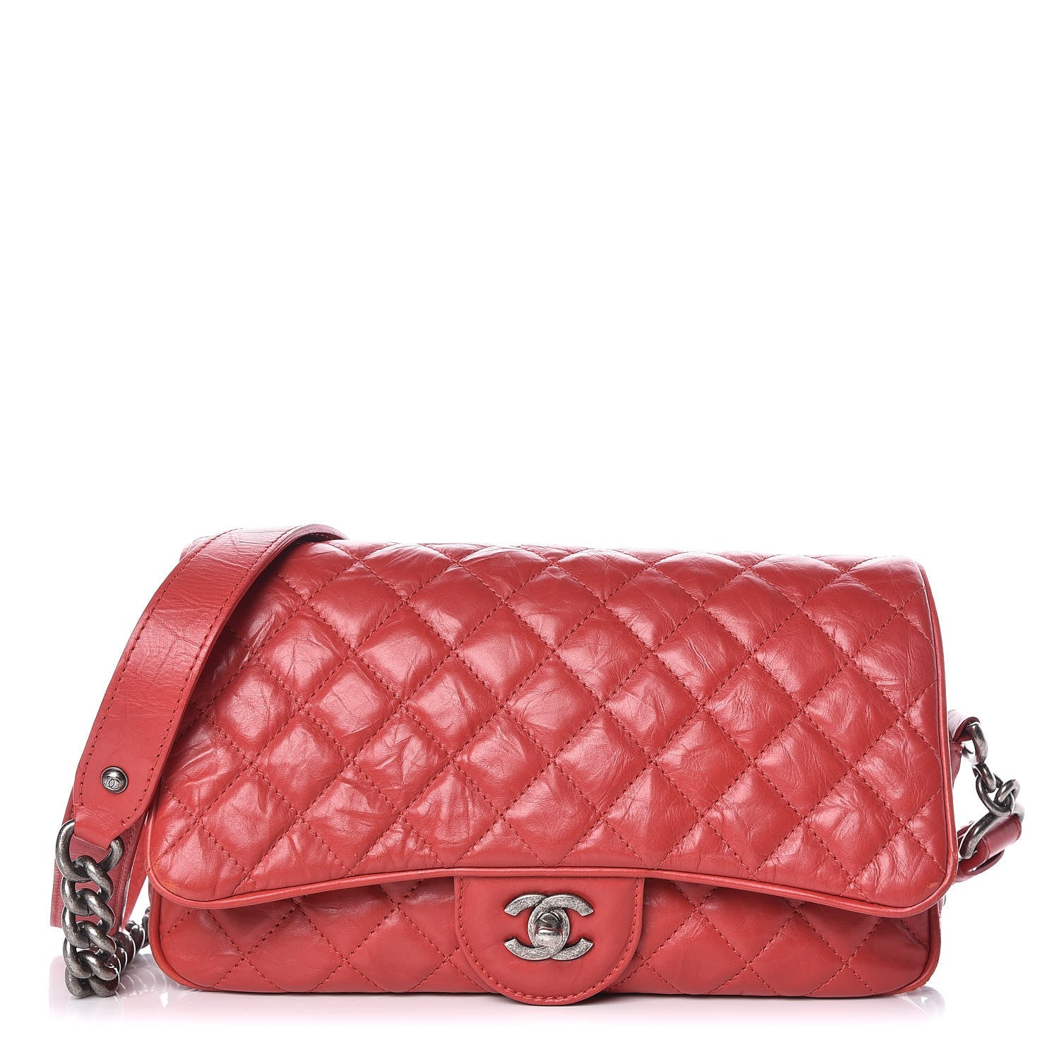 Chanel Aged Calfskin Quilted Medium Chain Detail Flap Red 1 of 15