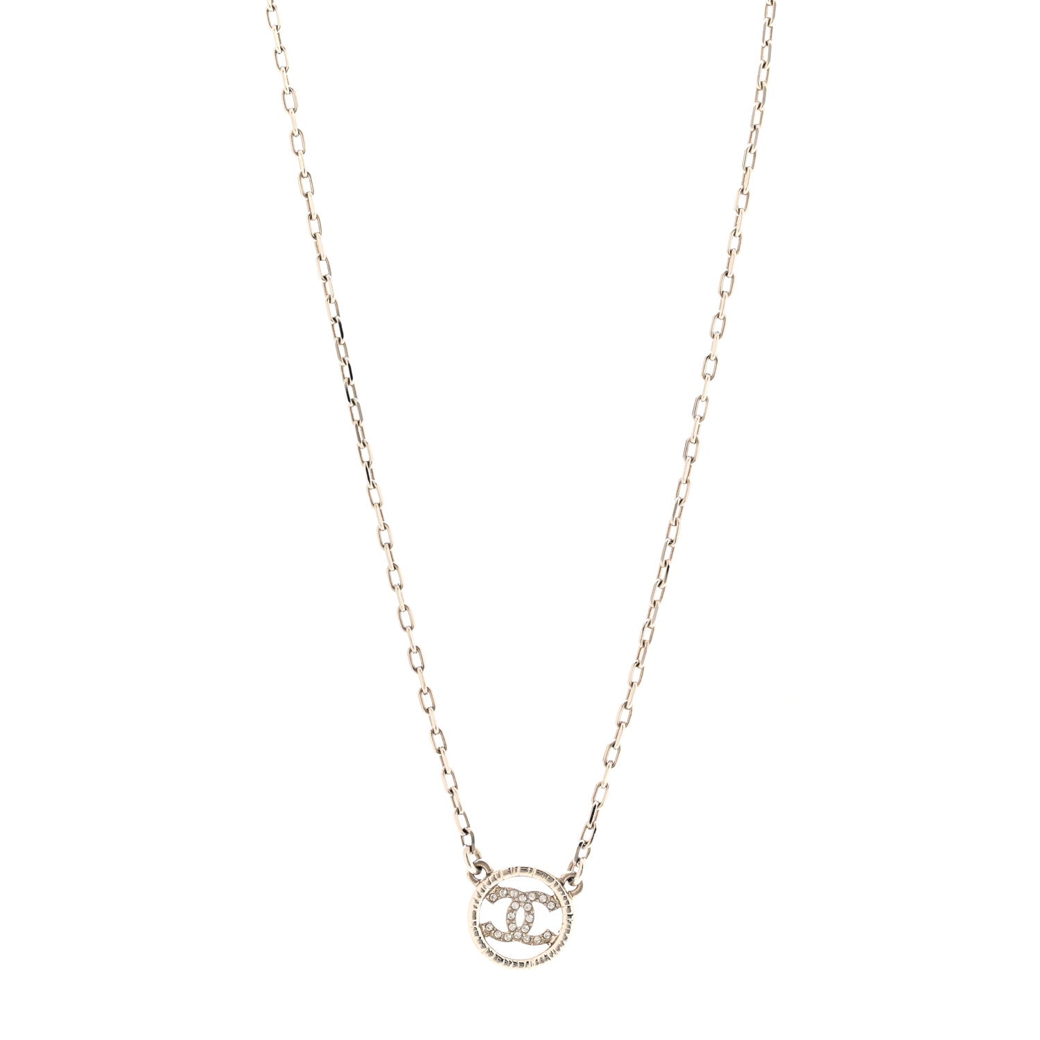 Chanel Metal Crystal CC Round Pendant Necklace Silver 1 of 7