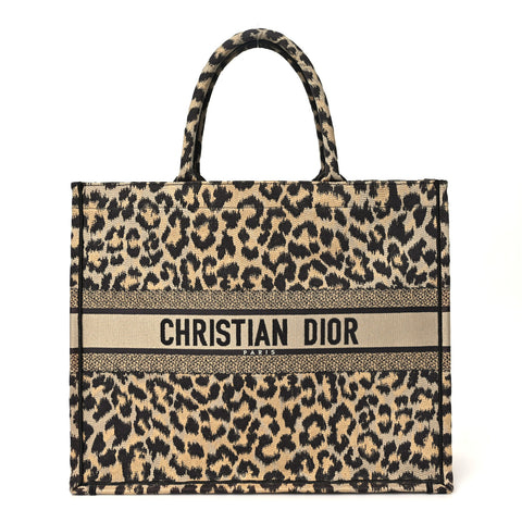 Canvas Mizza Embroidered Large Leopard Book Tote Beige