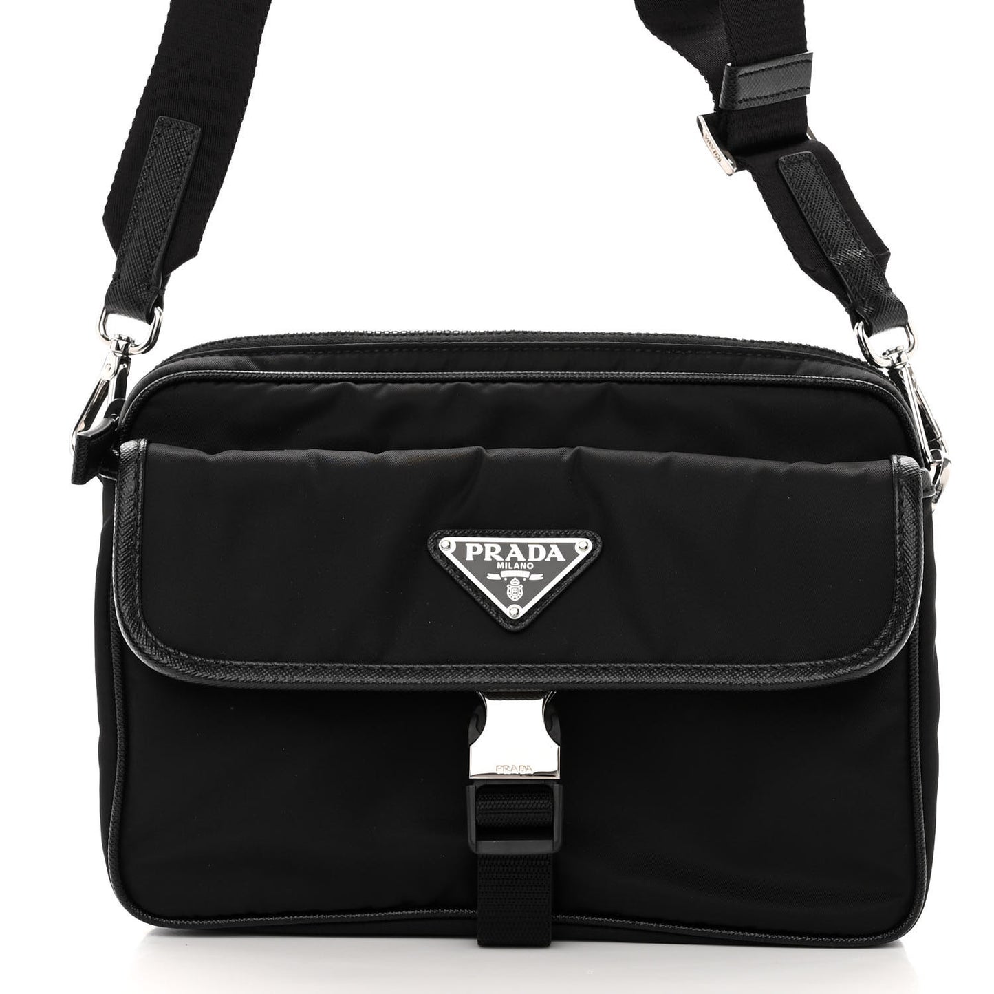 Re-Nylon Saffiano Pocket Single Snap Buckle Shoulder Bag Black