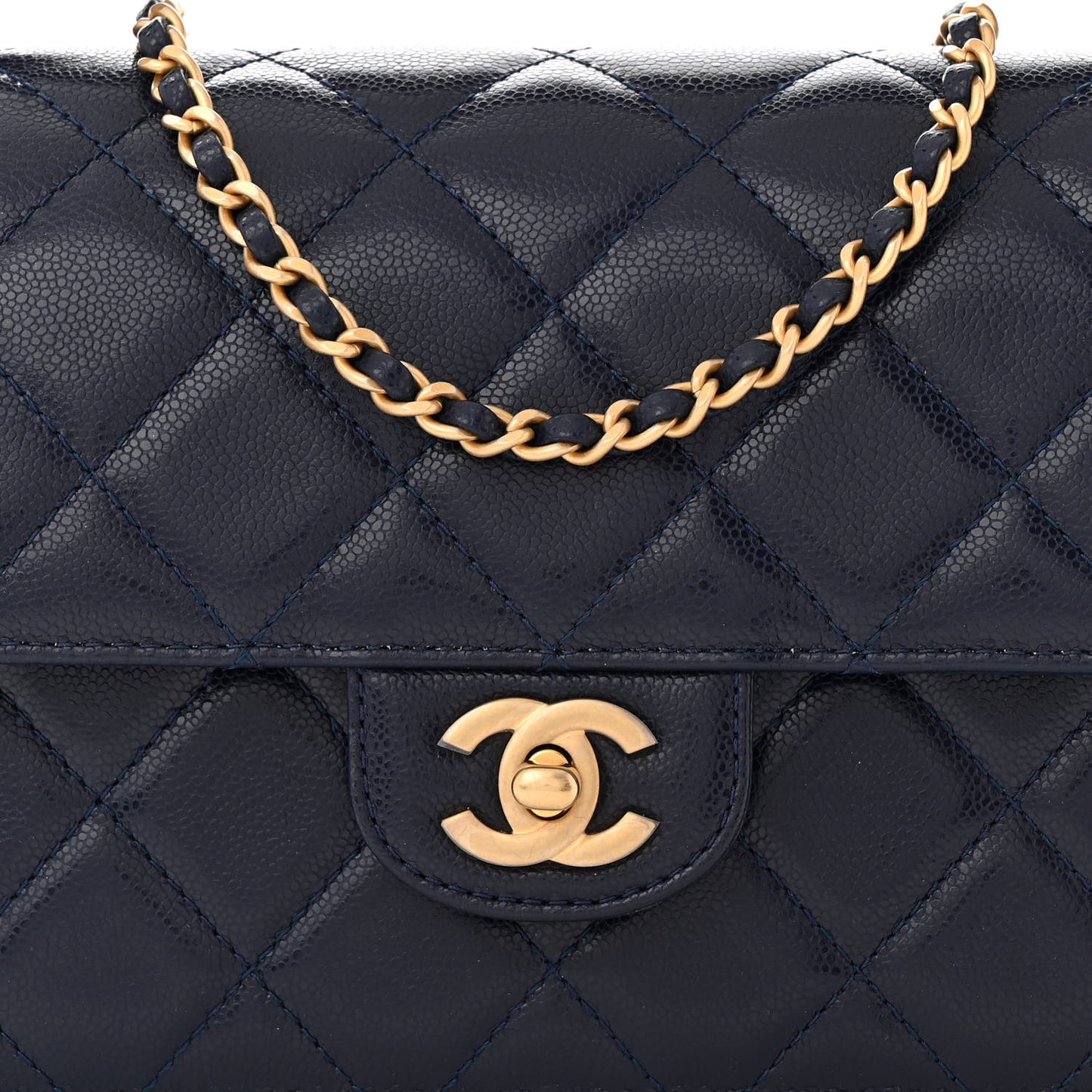 Shiny Caviar Quilted Mini Top Handle Flap Navy Blue