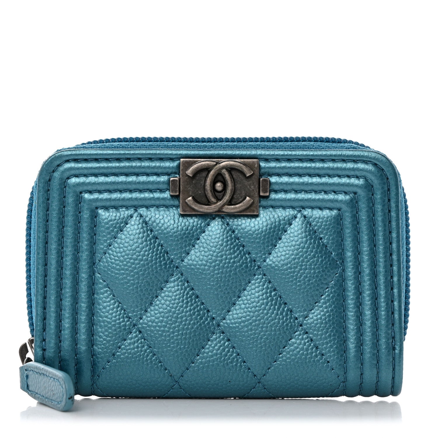 Chanel Metallic Caviar Quilted Boy Zip Around Coin Purse Wallet Turquoise 1 of 8