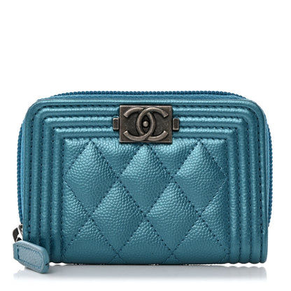 Chanel Metallic Caviar Quilted Boy Zip Around Coin Purse Wallet Turquoise 1 of 8