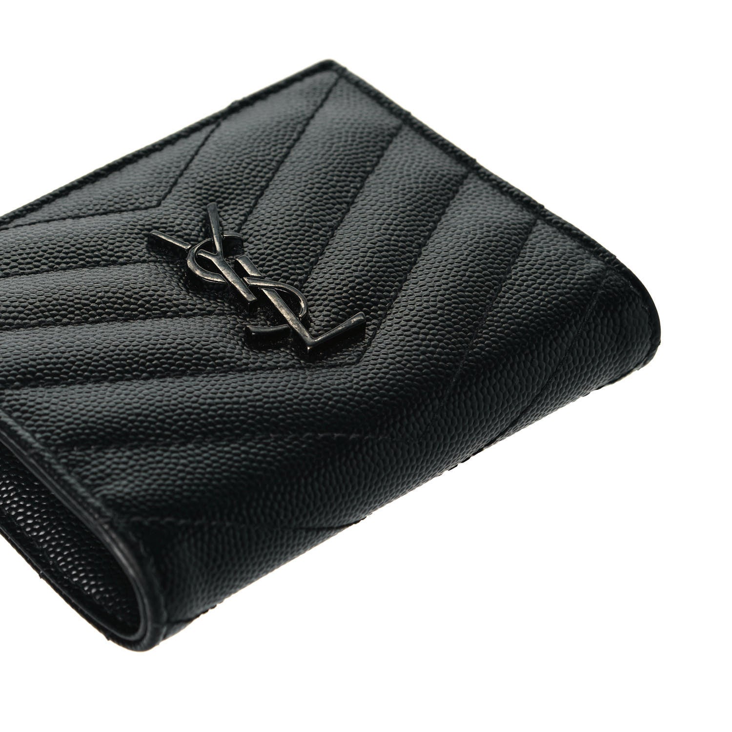 Saint Laurent Grain De Poudre Matelasse Chevron Monogram Zipped Card Case Black 11 of 13