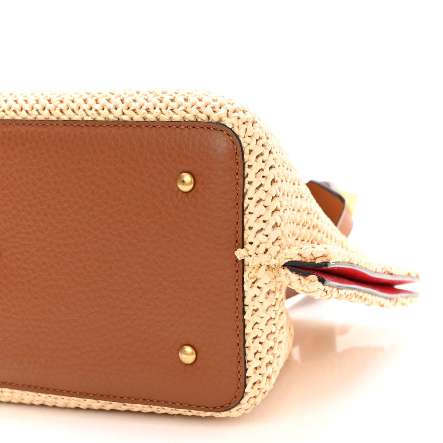 Raffia Grained Calfskin Small Rockstud Vlogo Tote Naturale