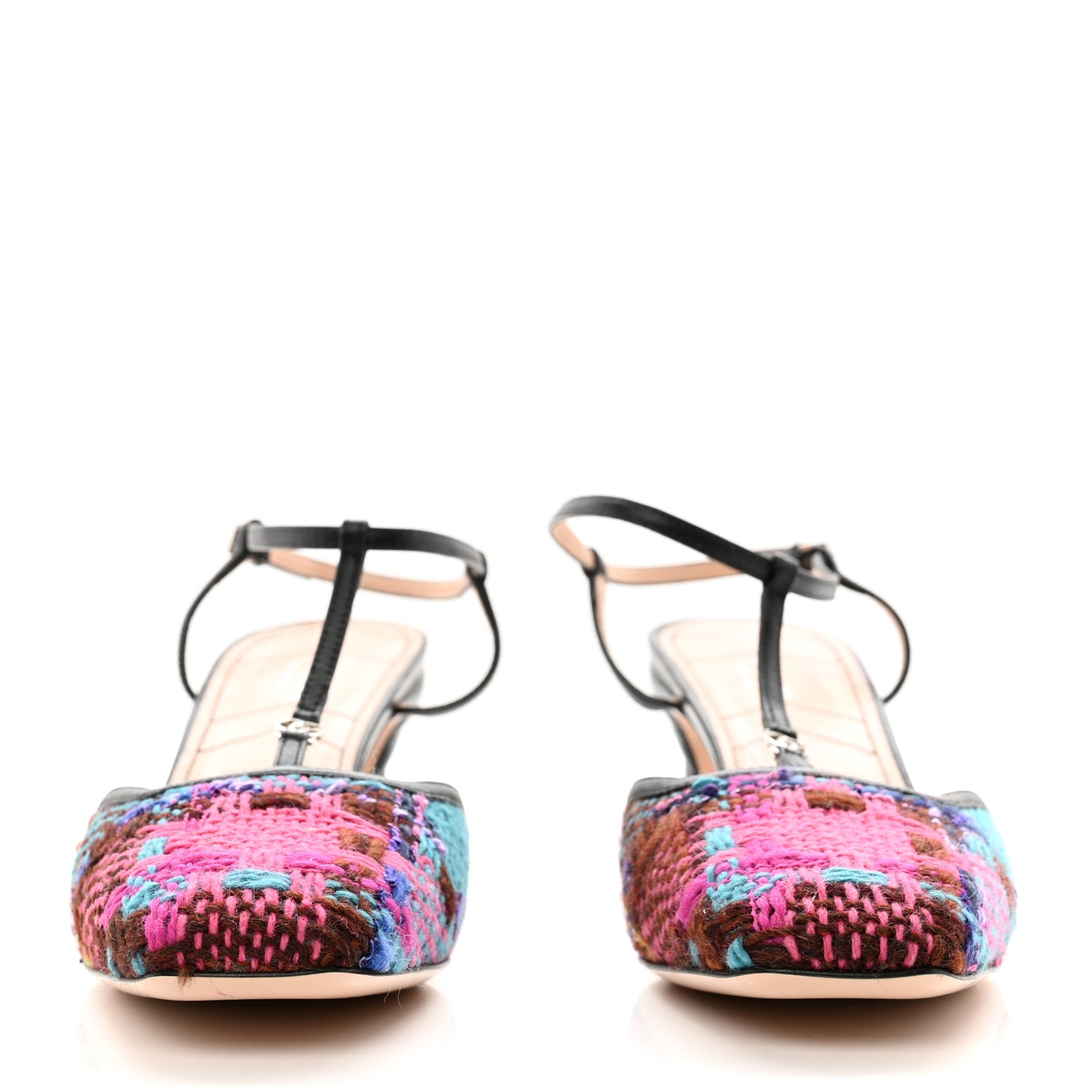 Tweed Nappa Charlotte Spicy Check Matelasse T-Strap Pumps 39 Pink Multicolor Black