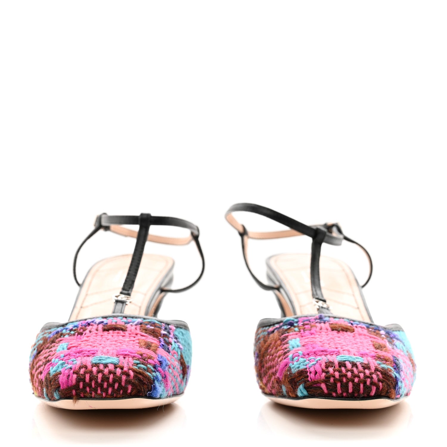 Gucci Tweed Nappa Charlotte Spicy Check Matelasse T-Strap Pumps 39 Pink Multicolor Black 2 of 12