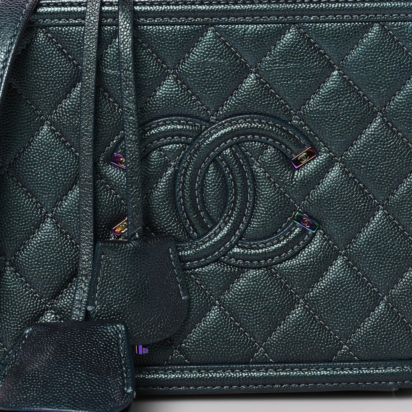 Iridescent Caviar Quilted Medium CC Filigree Vanity Case Dark Turquoise