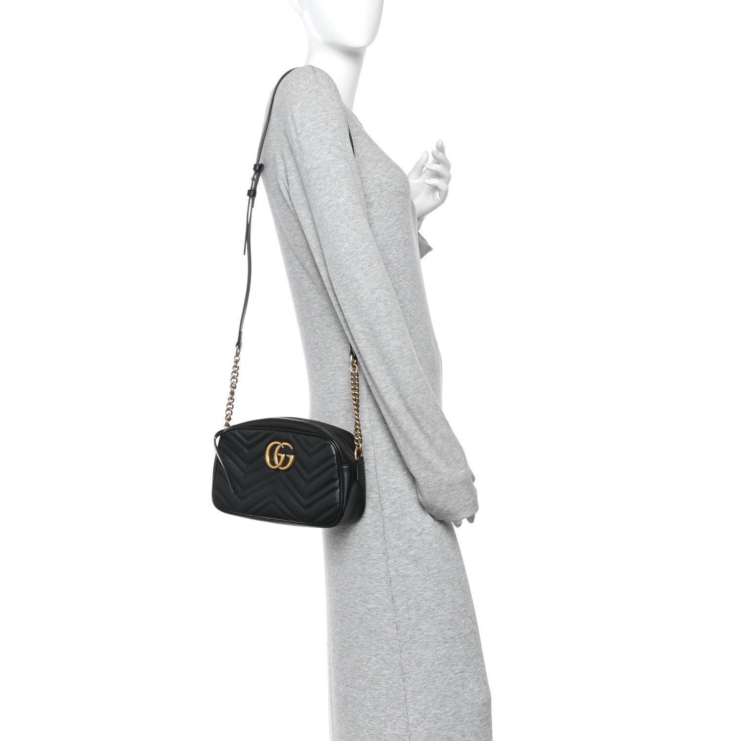Gucci Calfskin Matelasse Small GG Marmont Chain Shoulder Bag Black 2 of 9