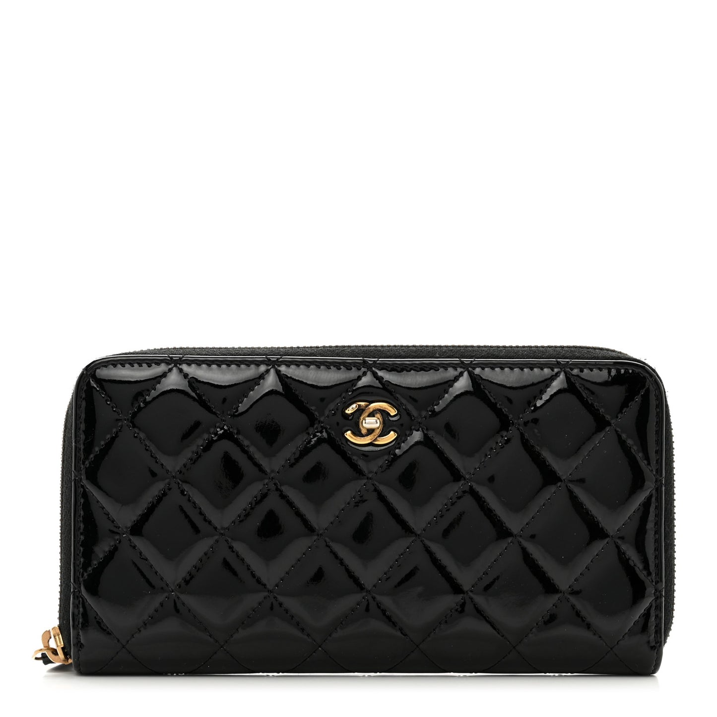 Patent Quilted Small Zip Around Wallet Black