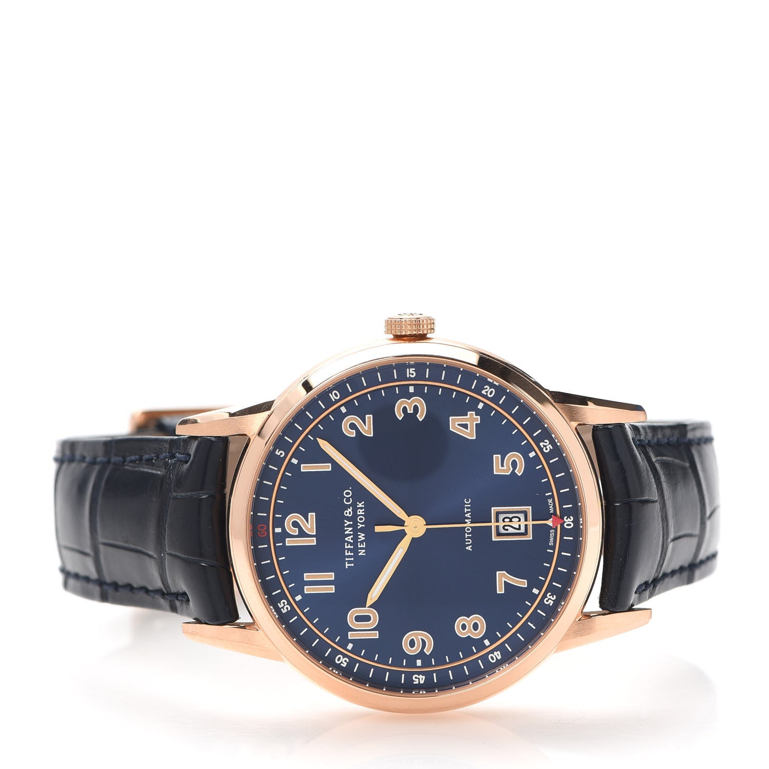 Tiffany 18K Rose Gold Alligator 40mm CT60 3-Hand Automatic Watch Blue 2 of 5