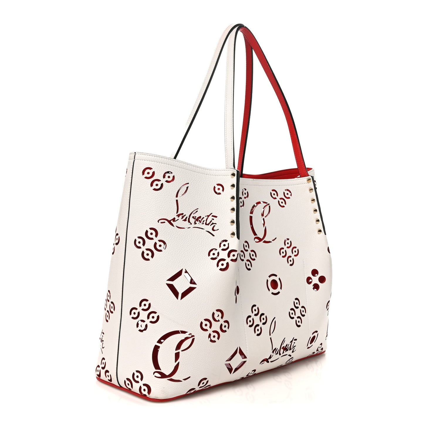 Calfskin Loubinthesky Large Perforated Cabarock Spikes Tote Snow