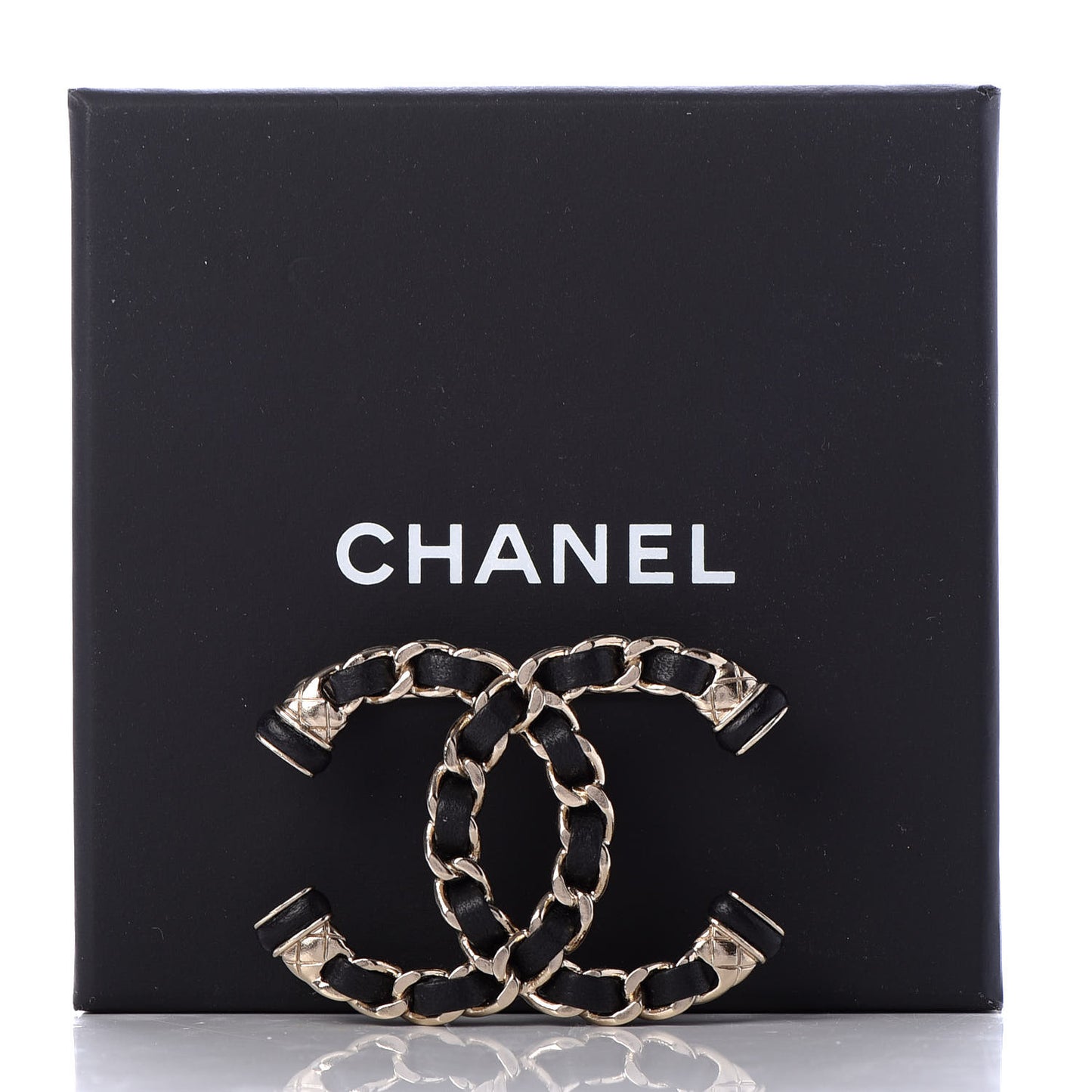 Lambskin Chain CC Brooch Black Gold