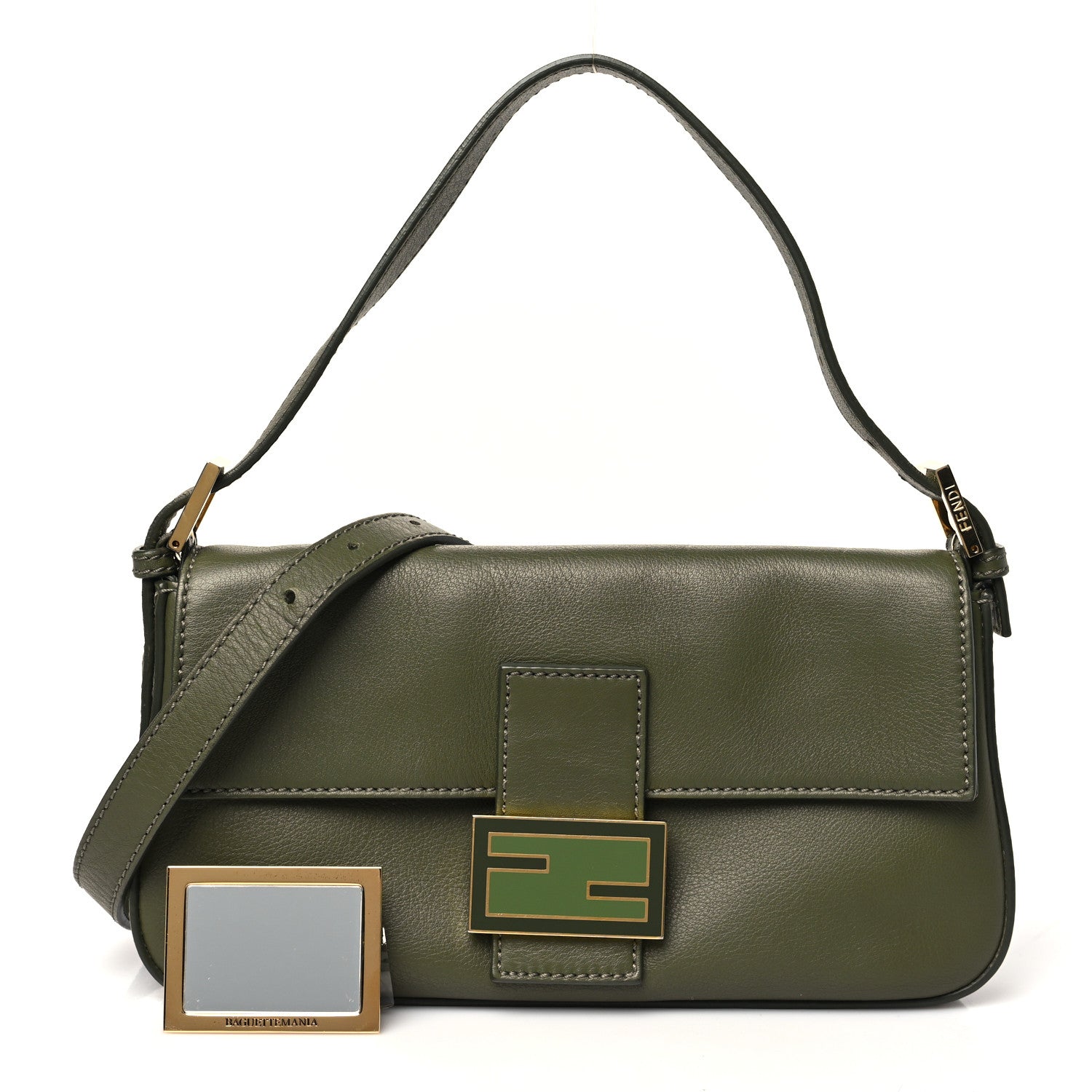 Fendi Vitello Flamingo Enamel Interchangeable Strap Baguette Verde Oliva 3 of 12