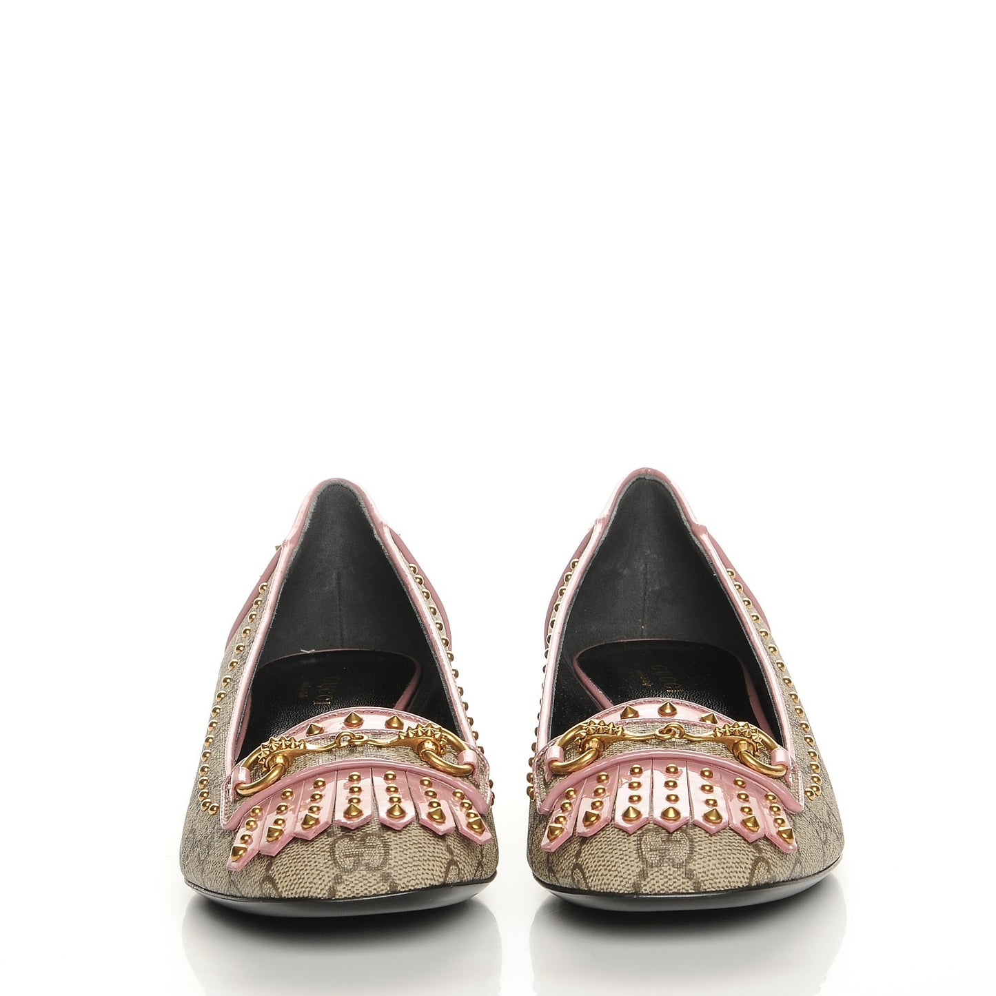 GG Supreme Monogram Patent Studded Fringe Loafer Pumps 38.5 Beige Ebony Carmine Rose