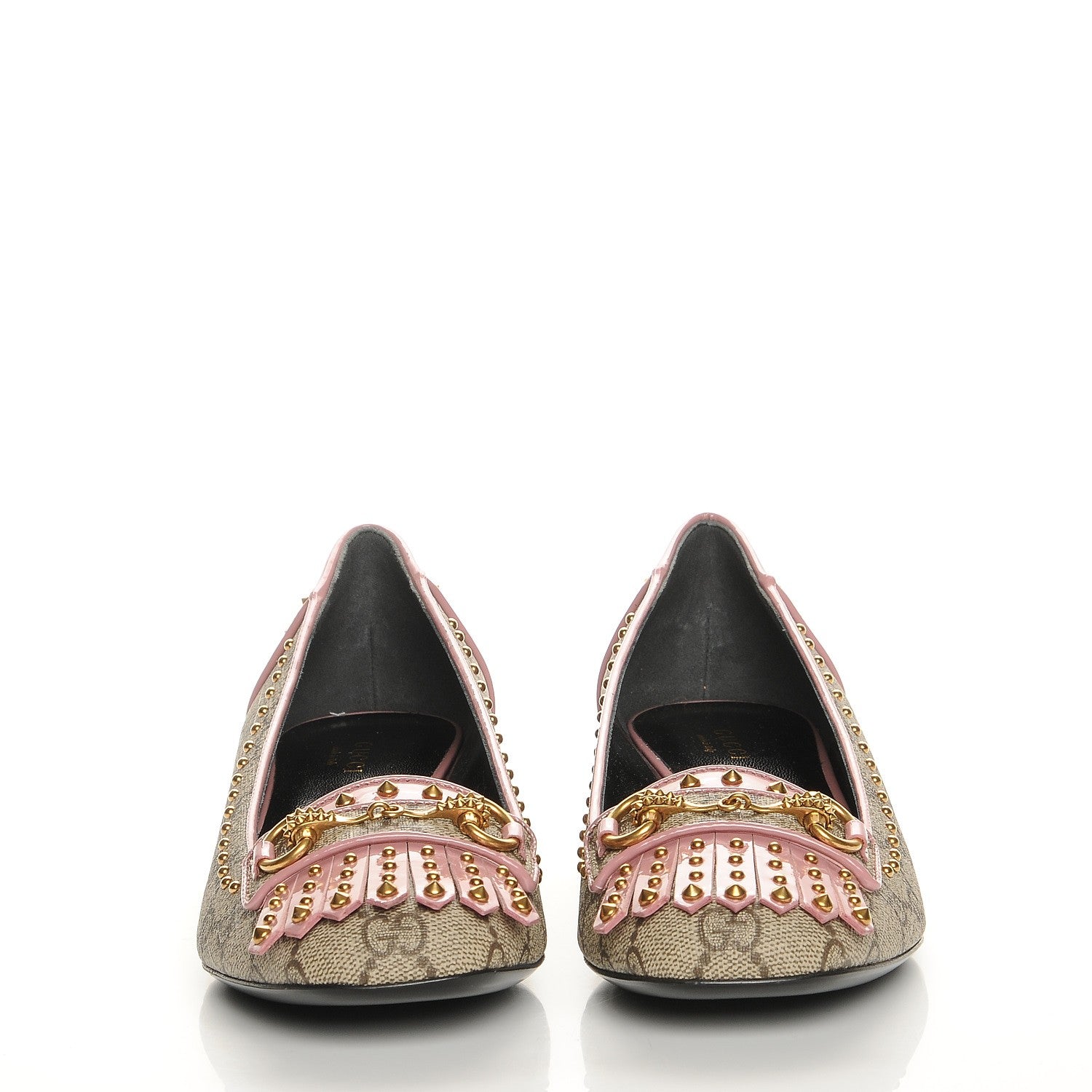 Gucci GG Supreme Monogram Patent Studded Fringe Loafer Pumps 38.5 Beige Ebony Carmine Rose 2 of 9