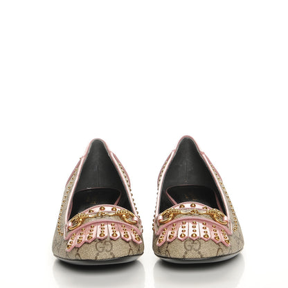Gucci GG Supreme Monogram Patent Studded Fringe Loafer Pumps 38.5 Beige Ebony Carmine Rose 2 of 9
