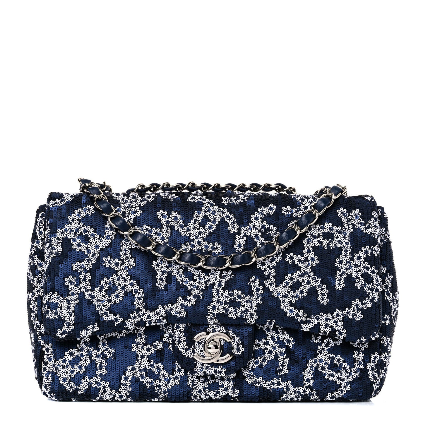 Lambskin Sequins Medium Single Flap Navy Blue White