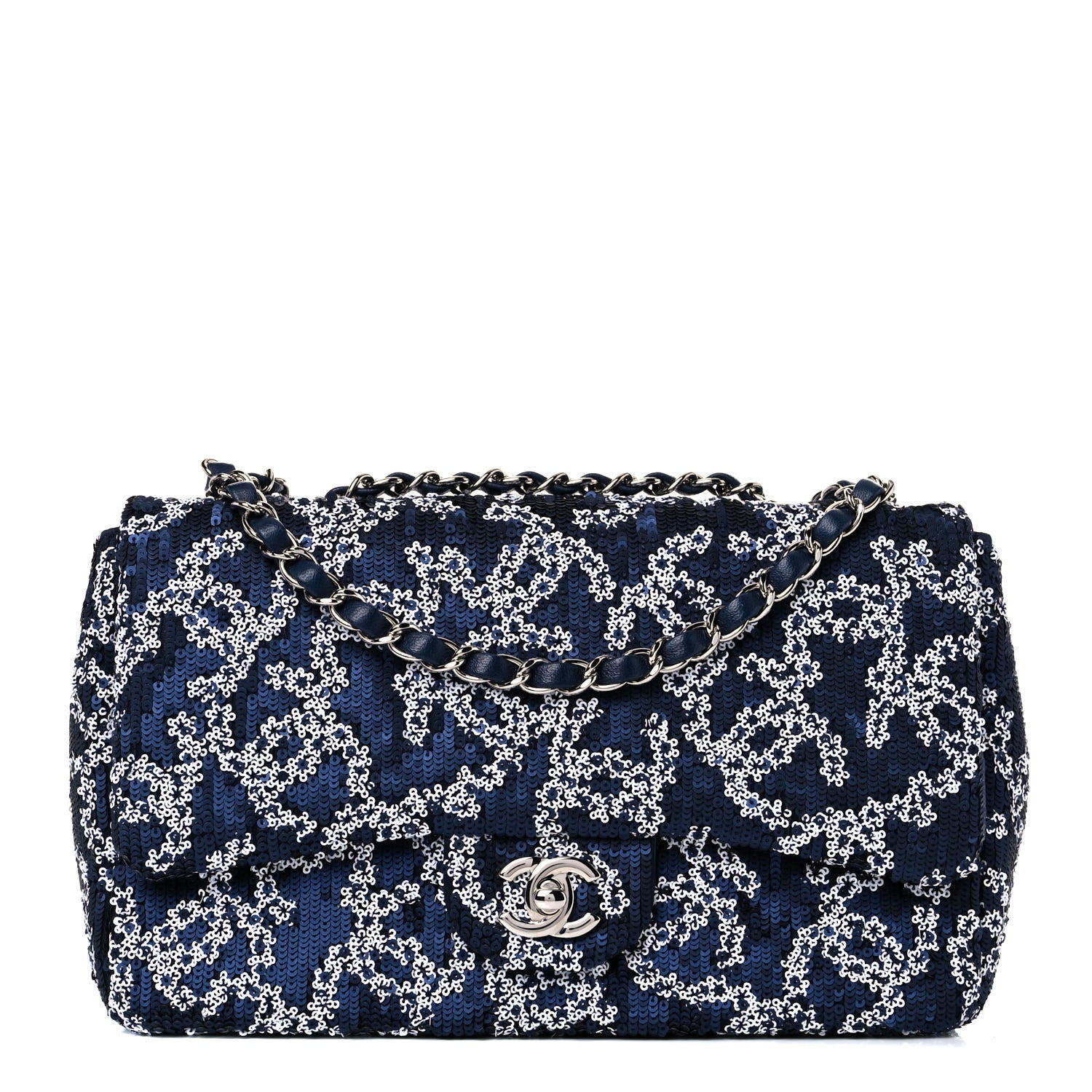 Chanel Lambskin Sequins Medium Single Flap Navy Blue White 1 of 10