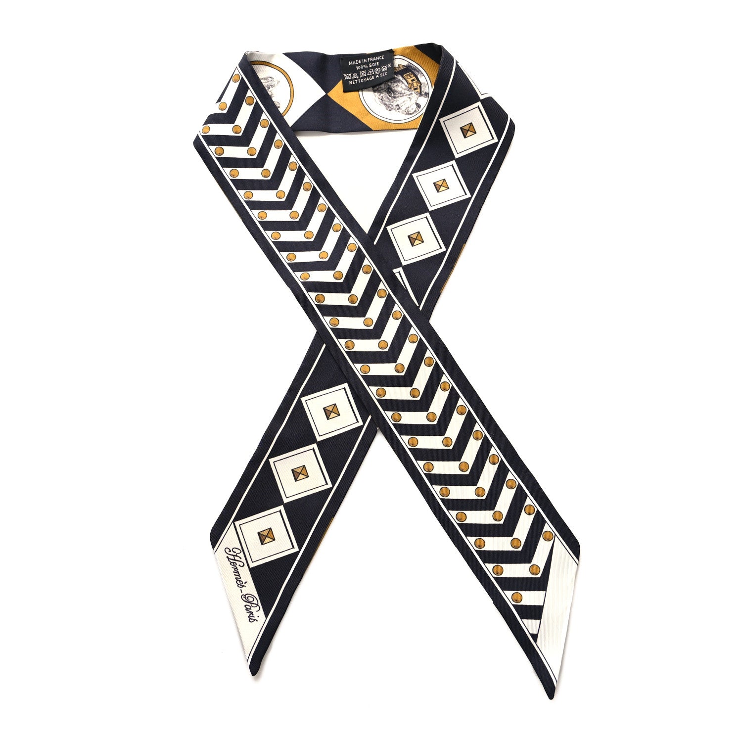 Hermes Silk Colliers Et Chiens Twilly Black Gold White 1 of 4