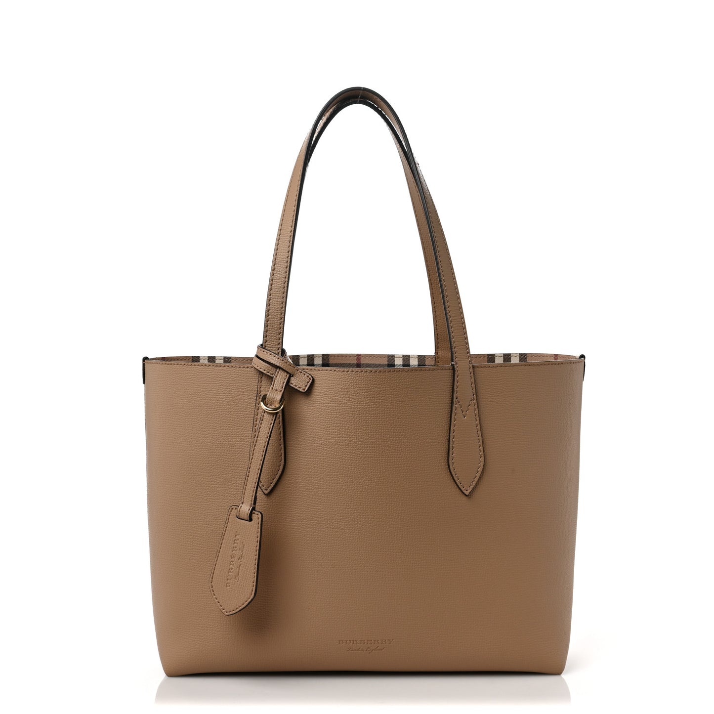 Grainy Calfskin Haymarket Check Small Reversible Tote Mid Camel